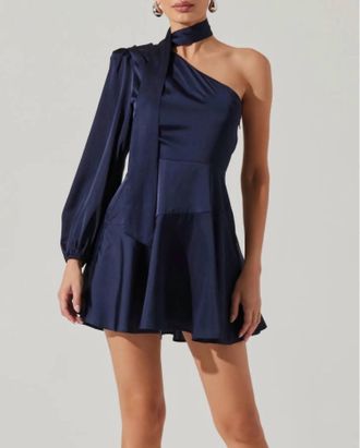 Astr Satin Skater Scarf One Shoulder Dress In Navy