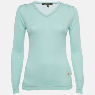 Roberto Cavalli Blue Cotton Knit V-Neck Sweater