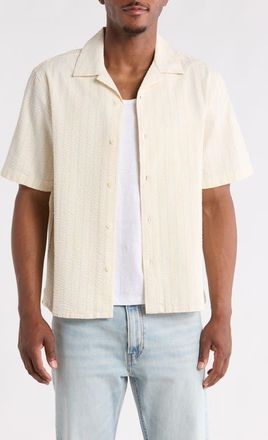Wax London Didcot Stripe Cotton Seersucker Camp Shirt in Ecru/blue at Nordstrom, Size Xx-Large