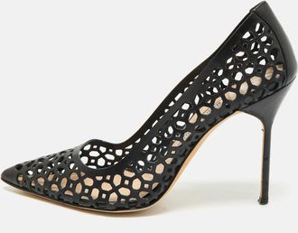 Manolo Blahnik Black Laser Cut Leather Pointed Toe Pumps