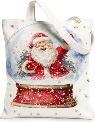 Generic Santa Canvas Tote Bags, Holiday Snow Globe Pattern Reusable Shopping Bags, Vintage Lightweight Washable Shoulder Strap Canvas for Gifts Travel 13x15 I