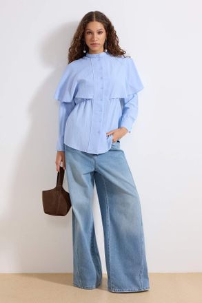 Trendyol Modest Dames Blauw Effen Lang Getailleerd Modest Overhemden