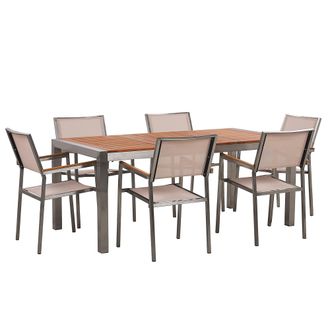 Beliani Conjunto De Comedor De Jard&iacute;n Mesa Con Tablero De Madera De Eucalipto 180 X 90 Cm Y 8 Sillas En Tela Beige Grosseto