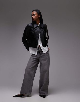 Mango leather boxy jacket in black-Green