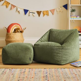 Icon Brand Puf sill&oacute;n infantil y reposapi&eacute;s cuadrado a juego de pana verde salvia