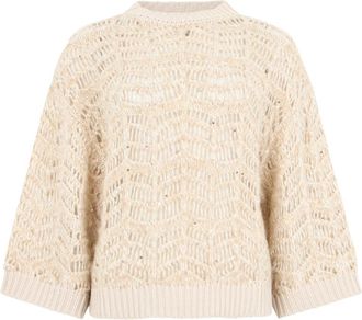 PESERICO Trui met kant en pailletten - Dames - Ronde hals truien - Beige - L - Pailletten - Truien & Vesten