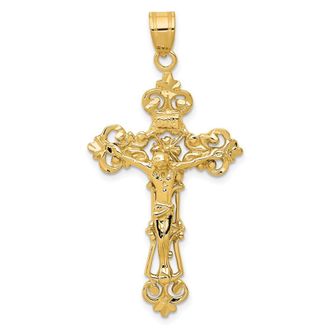 Diamond2Deal 10k Yellow Gold INRI Fleur De Lis Crucifix Pendant