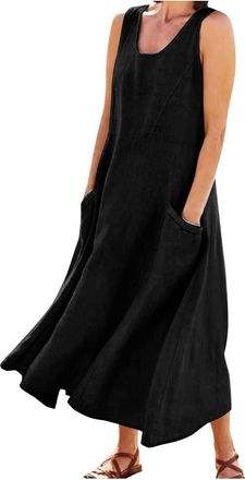 Generic Womens Summer Sleeveless Cotton and Linen Dress 2025 Boho House Casual Loose Solid Maxi Dresses for Women with Pockets (Black,XXL)