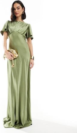 Six Stories Vestito lungo da damigella in raso verde muschio con vita stile impero