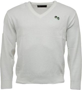 HS New Unisex/Mens/Womans/Ladies Lawn Bowling Bowlswear Bowls 100% Arcylic V Neck Pullover Jumper Ribbed Hem and Cuffs Embroidered Bowls Logo (Medium, Wh