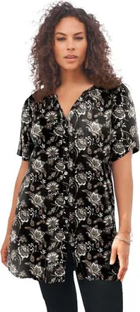 Roaman's Plus Size Angelina Crinkle Crepe Y-Neck Short Sleeve Tunic in Black Porcelain Floral at Nordstrom, Size 16