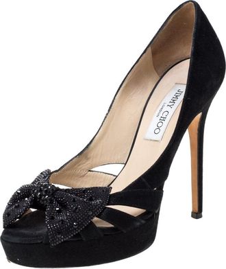 Jimmy Choo London Black Suede Taja Crystal Embellished Bow Peep Toe Pumps