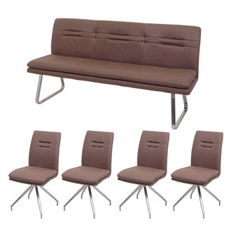 Hhg [non Utilizzato] Set Panca Con 4x Sedie Sala Pranzo Soggiorno Cucina Hhg-922 Tessuto Acciaio Inox Marrone 180cm