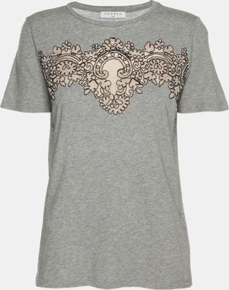 Sandro Grey/beige Cotton And Lace T-Shirt