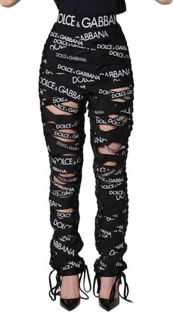 Dolce & Gabbana Womens Black Logo Tape Cut Out Skinny High Waist Pants Elastane Nylon Acetate Silk