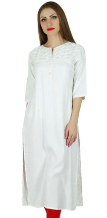 Bimba Women Rayon Straight Kurta Kurti 3/4 Sleeve Casual Summer Blouse White