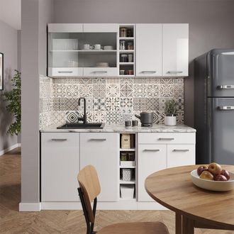 Vicco Cocina Para Solteros R-line, Blanco Alto Brillo/blanco, 160 Cm Sin Encimera, Vicco