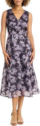 Maggy London Floral Sleeveless Organza Midi Dress in Black/Gentle Lavendar at Nordstrom Rack, Size 12