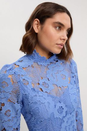 Karen Millen Womens Petite Guipure Lace High Neck Woven Mini Dress - Pale Blue - Size 14 UK