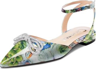 Castamere Women Low Heel Pointed Toe Ankle Strap Flats Shoes Pumps Court Shoe Rhinestone Crystal Prom Party 1 CM Heels Green Multicolor A 8 UK