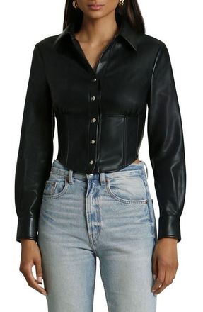 Avec Les Filles Faux-Ever Leather Long Sleeve Cropped Corset Shirt in Black at Nordstrom, Size Small