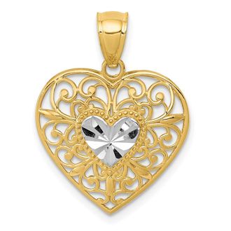 Diamond2Deal 14k Yellow Gold and White Rhodium Diamond-cut Filigree Heart Pendant