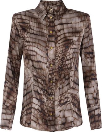 Elisabetta Franchi Satijnen blouse met alligatordruk - Dames - Overhemden - Bruin - L - Satijn - Overhemden
