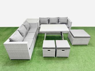 Fimous 9-seater Patio Rectangular Table 3 Seater Sofa Set with Side Table in Light Grey