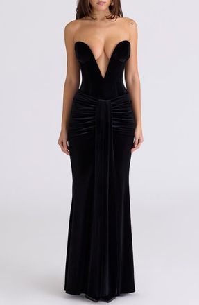 House of CB Vienne Deep Plunge Neck Velvet Gown in Black at Nordstrom, Size X-Small