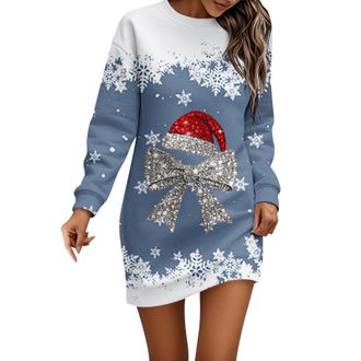 Generic Christmas Dresses for Women Ladies Christmas Dress Long Sleeve Jumper Dress for Women UK Round Neck Xmas Graphic Print Women Dresses Winter Casual Dre
