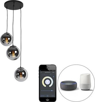 QAZQA Art D&eacute;co L&aacute;mpara Colgante Inteligente Negra Con Cristal Ahumado 3 Luces Con Wifi St64 - Pallon Vidrio /acero Esfera /alargada Adecuado Para Led Max. 3