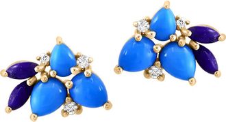 Effy 14K Yellow Gold Lapis Lazui, Turquoise & Diamond Cluster Stud Earrings - 0.08ct. in Blue at Nordstrom Rack, Size One Size Oz