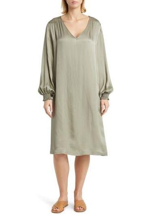 Masai Nadiya Smocked Long Sleeve Satin Shift Dress in Vetiver at Nordstrom Rack, Size Xx-Large