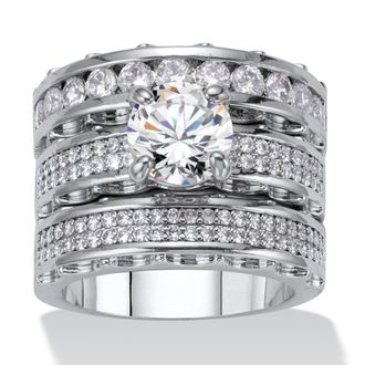 Palm Beach Jewelry 3 Piece 3.38 TCW Round Cubic Zirconia Platinum-Plated Bridal Ring Set