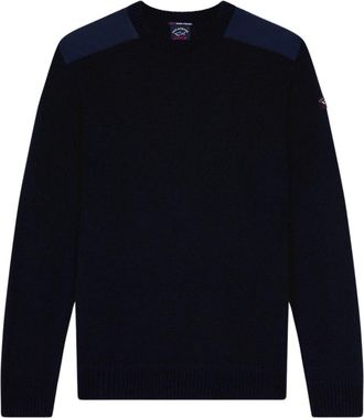 Paul & Shark Blauwe wollen trui met schouderdetail - Heren - Ronde hals truien - Blauw - S - Wol - Truien & Vesten