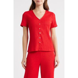 Anne Klein Short Sleeve Knit Button-Up Shirt in Begonia Red at Nordstrom, Size X-Small