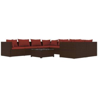 vidaXL Set Muebles De Jard&iacute;n 9 Piezas Y Cojines Rat&aacute;n Sint&eacute;tico Marr&oacute;n Vidaxl