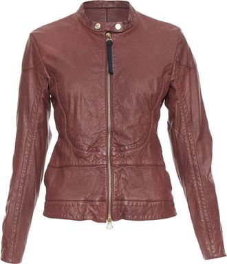 Marni 2012 burgundy crinkled lamb leather wool lining moto biker jacket IT42 M