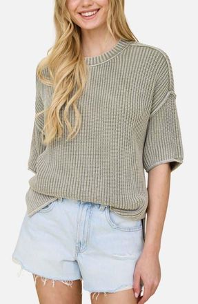 J.O.A. Rib Knit Raw Edge Cotton Blend Sweater in Light Olive at Nordstrom, Size Medium