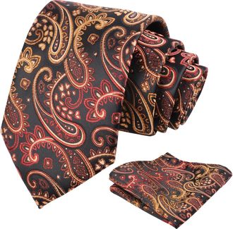 Alizeal Mens Paisley Tie and Hanky Set Party Business Wedding Necktie with Pocket Sqaure Set, Black+Burgundy+Orange