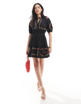 Miss Selfridge western embroidered detail waisted mini dress in black-Multi