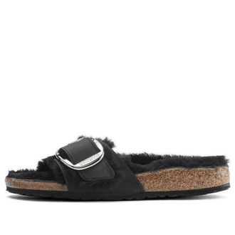 Birkenstock (WMNS) Birkenstock Madrid Big Buckle Shearling Oiled Leather Narrow Fit Sandals Black 1020136
