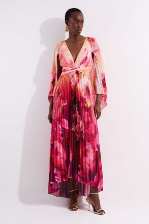 Karen Millen Womens Ombre Floral Soft Pleated Woven Maxi With Cape Detail - Purple - Size 8 UK