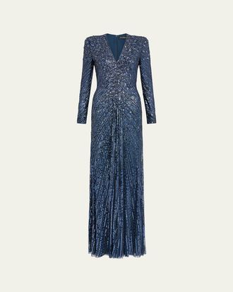 Jenny Packham Eve Embellished Strong-Shoulder Long-Sleeve Gown
