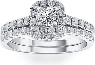 Pompeii3 1 1/4Ct Cushion Halo Diamond Engagement Matching Wedding Ring Set 14K White Gold Size Selectable