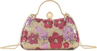 Girly HandBags Womens Floral Sequin Evening Clutch Bag with Top Handle and Chain Strap - Party, Wedding and Cocktail Purse Medium Gold