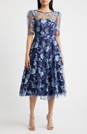 Eliza J Embroidered Floral Cocktail Midi Dress in Navy Blue at Nordstrom, Size 14