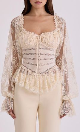 House of CB Cara Balloon Sleeve Crop Lace Top in Vintage Ivory at Nordstrom, Size X-Large
