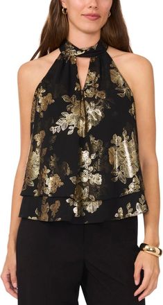 MSK Msk Blouse Top Women Black Gold Metallic Floral Halter Neck Sleeveless PALL505