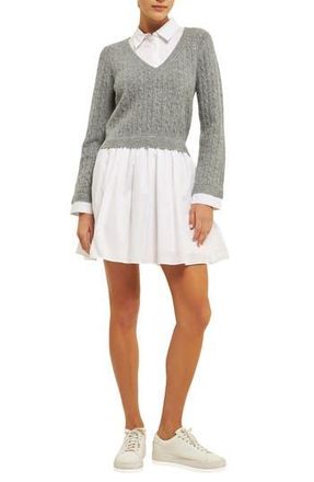 English Factory Layered Long Sleeve Mixed Media Dress in Heather Grey/White at Nordstrom Rack, Size X-Small